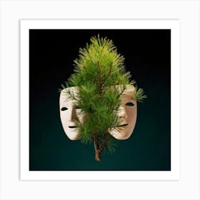 Firefly Masks, Floating, 3d, Tragedy, Comedy, Pine, Leaves, Nature, Theater, Art, Symbolism, Contras (11) Art Print