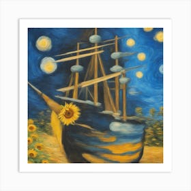 Piratenboot segelt auf lila Wolken Art Print