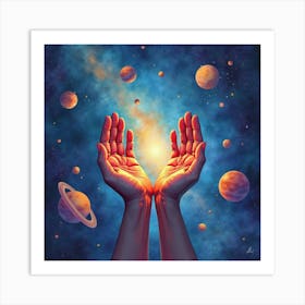 Watercolor Cosmic Hands Stretching Across The Universe, Holding Distant Planets 1 Art Print