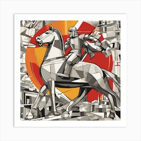 Knight On Horse Monochrome Cubism Style Art Print