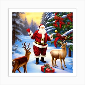 Santa And Reindeer Art Print