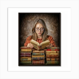 An evocative and vintage-style portrait of a book lover immersed in reading, surrounded by a collection of well-worn books. This nostalgic and intellectual portrait can appeal to those who appreciate literature and create a cozy reading nook ambiance for home decor. Art Print