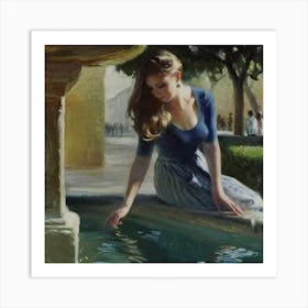 Girl By The Fountain Art Print