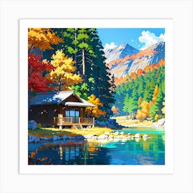 Autumn Cabin By The Lake Art Print