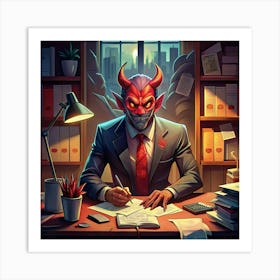 Devilish Businessman In A Suit Sitting At His Desk Art Print