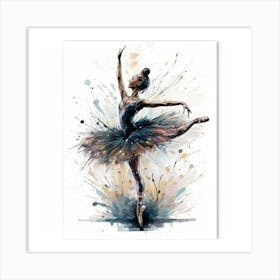 An artful and expressive portrait of a ballerina mid-performance, captured in a blend of watercolor and ink, creating a dynamic and graceful visual. This unique and elegant art print is perfect for dance enthusiasts and those seeking a blend of movement and artistic sophistication in their home decor Art Print