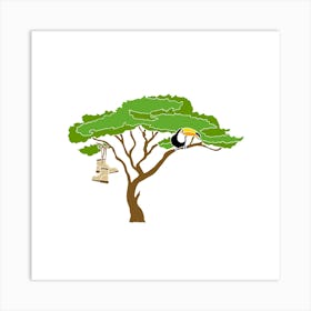 Toucan In Tree With Walking Boots, Fun Safari Animal Print, Square Art Print