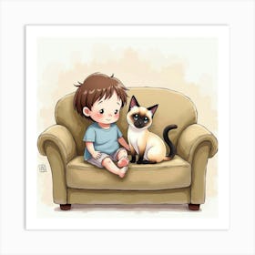 Watercolor Painting Of A Child And A Siamese Cat On A Cozy Sofa Art Print