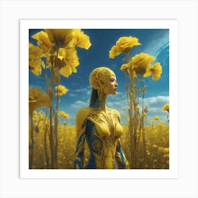 Yellow Flowers In Field With Blue Sky Sf Intricate Artwork Masterpiece Ominous Matte Painting Mo (1) Art Print