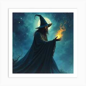 Black Magic Practitioner In A Swirling Watercolor Night Scene 1 Art Print