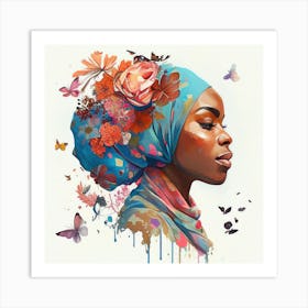 Watercolor Floral Muslim African Woman #2 Art Print