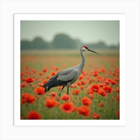 Crane In A Field Of Poppies 1 Art Print