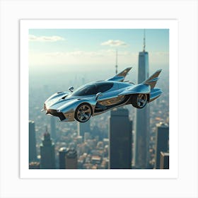 High Tech Flying Car With Chrome Wings, Hovering Through A Futuristic Skyline 1 Art Print