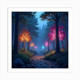 A Magical Forest With Trees That Glow In Various Enchanting Colors 1 Art Print