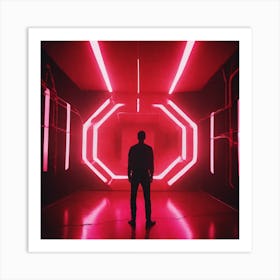 The Image Depicts A Person Standing In A Dark, Futuristic Room With A Large Red Light Emanating From The Center 3 Art Print