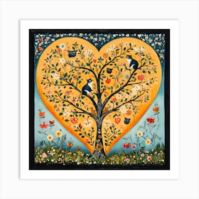 Folk Art Heart Tree Cat Climbing Artwork Art Print