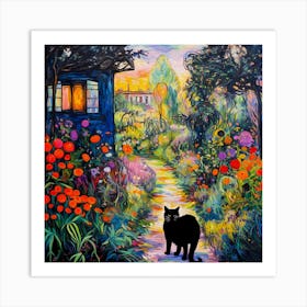 Black Cat In Monet Garden 3 Art Print