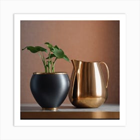 Two Gold Vases And A Plant Art Print