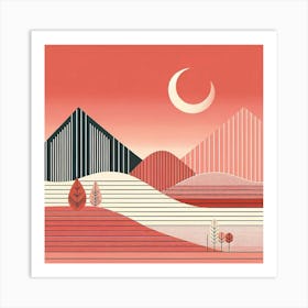 "Desert Dusk Geometry"  As the crescent moon rises, this captivating image takes you to a stylized desert landscape at dusk, characterized by geometric shapes and a warm, monochromatic color scheme. This piece is a celebration of the beauty found in simplicity and symmetry, perfect for those who are drawn to abstract interpretations of natural scenes. Ideal for adding a sophisticated touch to any modern space, it invites viewers to contemplate the quietude of desert twilight. Art Print