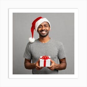 Happy African American Man With Christmas Gift 1 Art Print