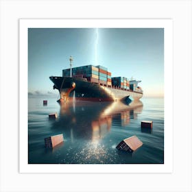 Lightning Strike On A Container Ship Art Print