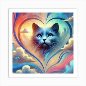 Blue Cat In A Heart Art Print