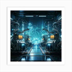 Cyber Industrial Landscape Featuring Advanced Automation Sleek Robotic Arms Performing Intricate Ta Art Print