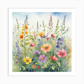 Multicolored Wildflowers Watercolor Field Drawin 02 Art Print