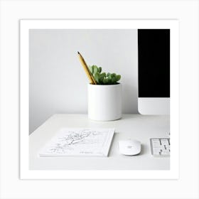 Scandinavian Minimalist Workspace Featuring A Sharpened Pencil Atop A White Ergonomic Mouse Pad Fla Art Print