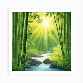 A Stream In A Bamboo Forest At Sun Rise Square Composition 405 Art Print