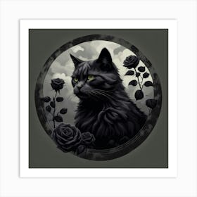 Black Cat With Roses Art Print