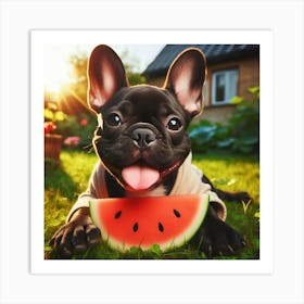 French Bulldog Eating Watermelon Art Print