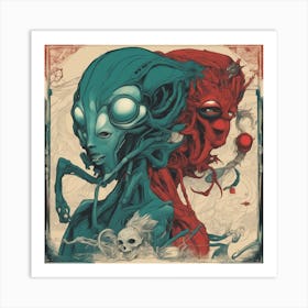 Alien Couple Painted To Mimic Humans, In The Style Of Surrealistic Elements, Folk Art Inspired Illu (1) Art Print