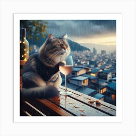 Cat Drinking Wine In The Rain 2 Art Print