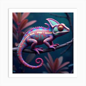 A Whimsical Chameleon With Scales Of Shifting Colors Blending Into A Neon Jungle 1 Art Print