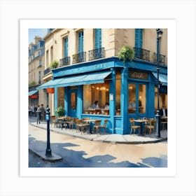 Paris France Cafe Scene Illustration Sage Blue Watercolor Art Print 1 Art Print