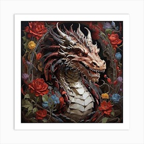 Dragon With Roses Art Print