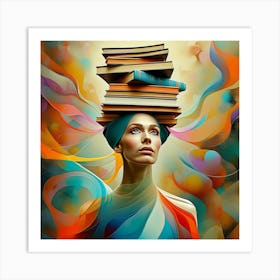 Woman in Abstract Balance with Books and Colors Art Print