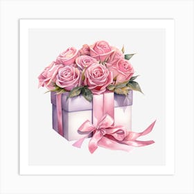 Pink Roses In A Gift Box 1 Art Print
