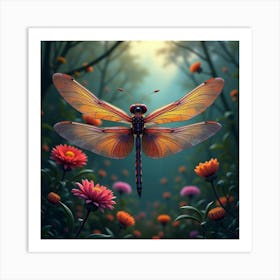 An Abstract Dragonfly With Fractal Wings Fluttering In A Vibrant, Otherworldly Garden Art Print