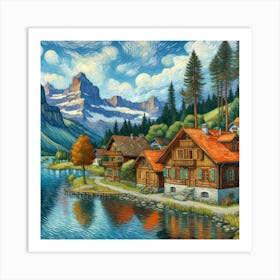 Switzerland Village With Lake, Surrounded By Pine Forest And Towering Mountains, Painting Art Art Print