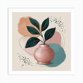 A stunning painting of a plant with dark green leaves, artistically placed in a pink ceramic vase. 2 Art Print