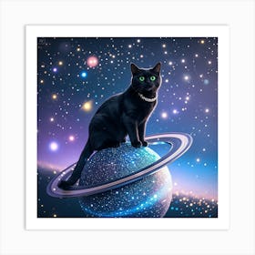 A Playful Black Cat With Glowing Green Eyes, Sitting Atop A Sparkling Planet With Rings, Like Saturn Art Print