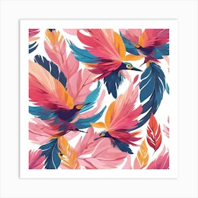 Feathers & Birds, Pink, Blue & Yellow Art Print