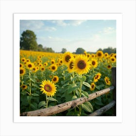 A Picturesque Scene Of A Field Of Wild Sunflowers With A Rustic Fence 2 Art Print