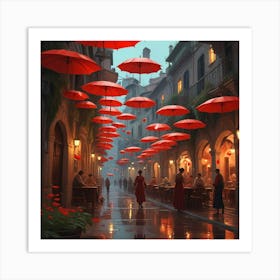 Red Umbrellas In The Rain 2 Art Print