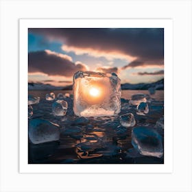 Ice Cube At Sunset ice-cube-macro-sunrise-glaces-photo-cinematic Art Print