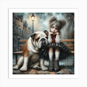 Girl And A Bulldog Art Print