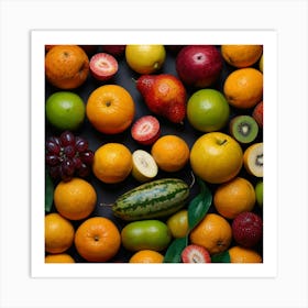 Fresh Fruits On A Black Background Art Print