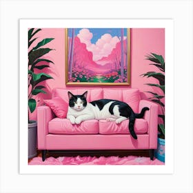 Cat On A Pink Couch 2 Art Print